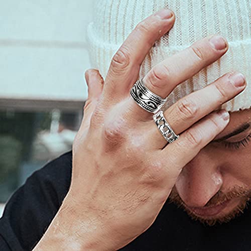 Thunaraz 4Pcs Stainless Steel Rings For Men, Vintage Wide Biker Signet Rings Cuban Chain Spinner Band Rings Set Silver/Gold Size 7-13 #TOP2