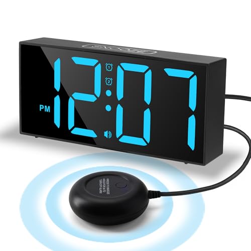 Lafocuse Digital Alarm Clock Bedside with Bed Shaker for Heavy Sleepers, Loud Alarm Clocks for Deaf/Hearing Impaired with Dual Alarms Snooze 5 Levels Brightness 4 Volumes for Bedroom