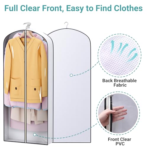 SLEEPING LAMB 60" Long Hanging Garment Bags for Closet Storage Gusseted Clear Dress Bag for Clothes, Gowns, Coats, Suits, 5 Packs