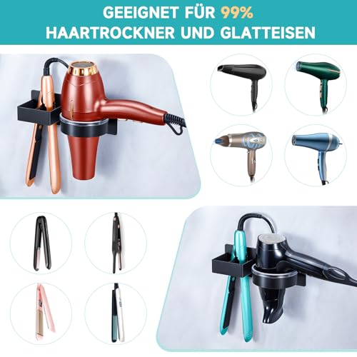 YYBO Fönhalter Ohne Bohren, Glätteisen Halterung, Föhn Halterung für Haartrockner und Glätteisen, Föhnhalter Wand, Haartrocknerhalter Wandhalterung, Selbstklebend Fönhalterung für Bad Hotel (Schwarz)