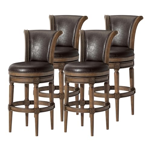 Maven Lane Pullman 31 Inch Tall Bar Height Upholstered Barstool with Back in Walnut Finish with Marksman Saddle Vegan Leather Cushion Seat, Set of 4