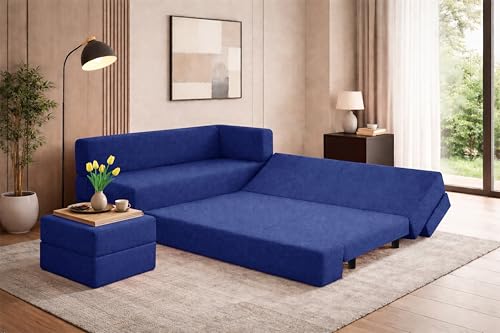 Image of Leg Sofa Cum Bed with Ottoman | Jute Fabric | Multipurpose Folding 3 Seater Sofa Bed 5x6 Ft for Living Room | Space Saving Furniture | Modern Design - Blue