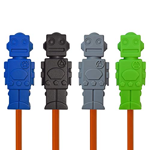 Munchables Chewable Pencil Toppers for Kids and Adults - Sensory Oral Motor Chew Aid - Set of 4 Robots (Navy/Black/Grey/Green)