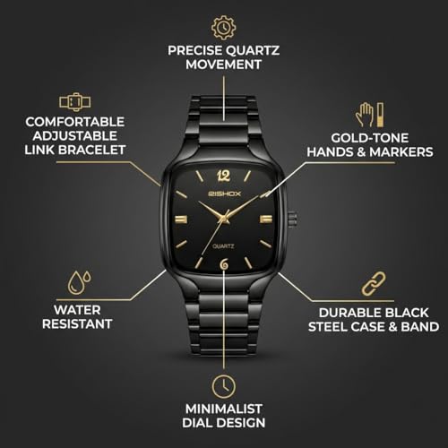 Image of Men's Analog Watch | Black Dial Square Stainless Steel Strap | Slim Quartz Wrist Watch for Men & Boys | Stylish Formal Casual Water Resistant Watch