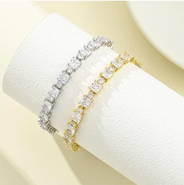 Shiny Moissanite Tennis Bracelet in 14K Gold, Round and Square Cut White Stones, Elegant Jewelry for Women, Mother's Day Gift (White Gold, 8Inch)4