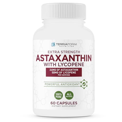 TerraForm Nutrition Astaxanthin Supplement 24mg with Lycopene 50mg – High Dose Dual Spectrum Antioxidant Complex - Natural Astaxanthin from Haematococcus Pluvialis Microalgae - 60 Servings