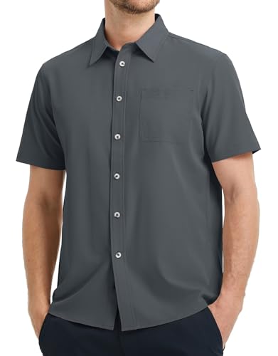 M MAELREG Mens Button Up Short Sleeve with Pocket Lightweight Casual Beach Summer Tops Wedding Mens Vacation Shirts Dark Grey