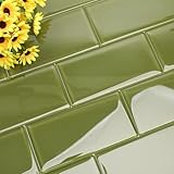 Diflart Olive Green Glass Subway Tile, 3x6 Inch, 4 Sq.Ft, Glass Backsplash Tile for Kitchen Shower Bathroom Wall, Pack-32 Pcs