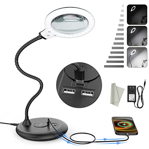 XYK 5X Dimmable Led Magnifying Lamp with USB C Fast Charging Port , Large Desktop Magnifying Glass with Light and Stand for Reading, Hobbies, Crafts, Workbench