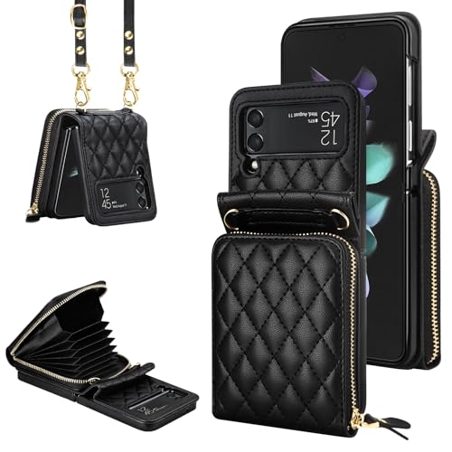 Vofolen for Samsung Galaxy Z Flip 3 Case with Card Holder Crossbody 8-Card Slots Wallet Case with Adjustable Strap Soft PU Leather Protective Zipper Flip 3 Phone Case for Women Girls, 6.7'' Black