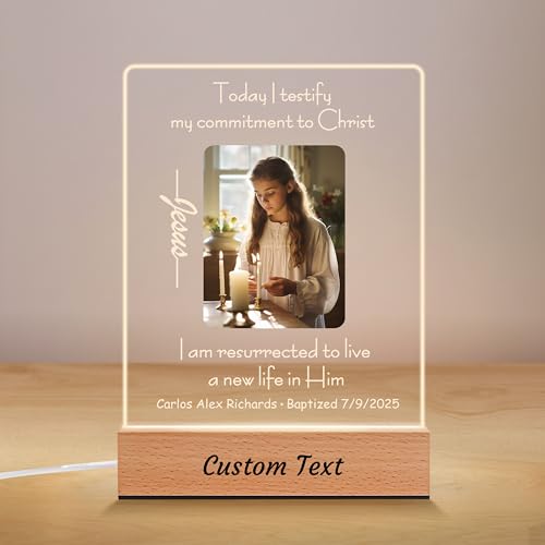 7GEEFT Personalized Baptism Picture Frame, Baptism Gifts for Baby Girls, Custom Christening Baby Gifts for Boys from Godparents Friends Family, Name Night Light Plaque for Nursery Room Decor