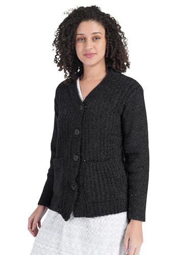 Image of MANRA Women's Woolen V-Neck Buttoned Full Sleeve Cardigan Self Design Soft Wool Fabric Winter Wear Pure Wool Sweater Fully Warm with Front Pockets Stylish Cardigan