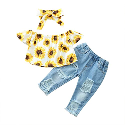 Conjunto de camisetas infantis + jeans menina girassóis calças infantis ombro cigano roupas de bebê