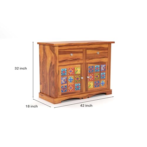 Image of Solid Wood 2 Drawer and 2 Door Chest of Drawer & Sideboard Storage Cabinet for Living Room Bedroom Kitchen Home (Adolph, Honey Finish)