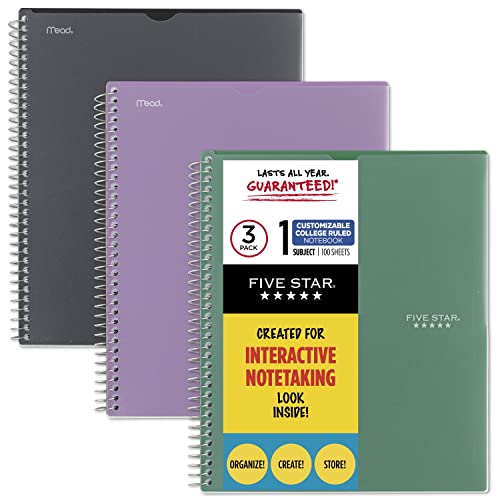Five Star İnteraktif Not Alma Spiral Defterler, 3 Paket, 1 Konu, Kolej Çizgili Kağıt, 11" x 8-1/2", 100 Sayfa, Özelleştirilebilir Kapak, Siyah, Yeşil, Mor (820041-ECM)