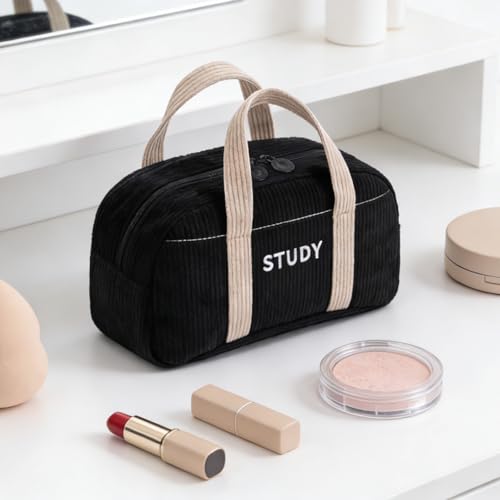 Image of EASTHILL Corduroy Hand-held Pencil Case Large Cute Pencil Pouch Stationery Pen Bag for Teen Girls-Black