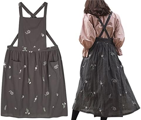 losofar Embroidered Cotton Pleated Apron Retro Waterdrop Proof Garden Cleaning Pinafore Dress (Floral Grey, 103cmx86cm)
