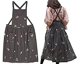 losofar Embroidered Cotton Pleated Apron Retro Waterdrop Proof Garden Cleaning Pinafore Dress (Flora