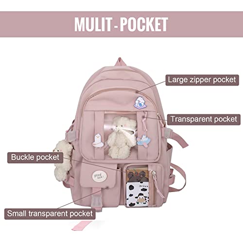 Mochila Kawaii escolar rosa con accesorios colgantes estéticos 4