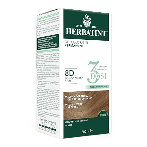 Herbatint Gel colorante permanente 3 dosis, 300 ml – 8D rubio claro dorado, sin amoniaco, para pieles sensibles, cobertura 100% para cabellos blancos, con 8 extractos naturales biológicos