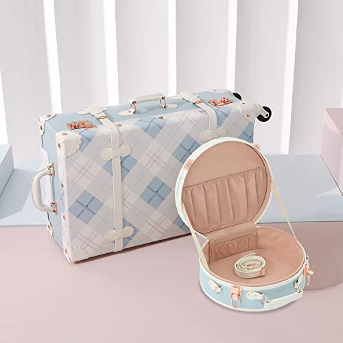 7998 Bundle Vintage Trunk Luggage Set Of 3 Piece, Retro Travel Suitcase For Women With Tsa Key Lock And Hatbox (Plaid, 26"+20"+12") #TOP1