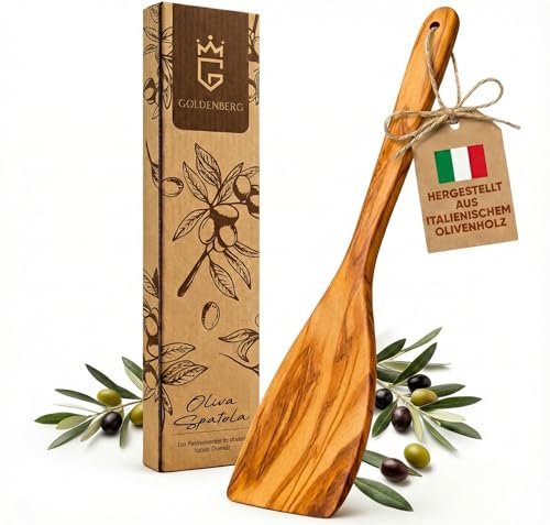 GOLDENBERG® Premium Pfannenwender Holz | feinstes italienisches Olivenholz | antibakteriell & hitzebeständig | Holzwender zum Braten & als Kochlöffel | ideal für beschichtete Pfannen