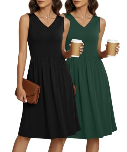 Image of NILOUFO Sleeveless Dress for Women Summer Knee Length Sundress with Pockets | Sundresses for Women Tank Empire Waist Sun Dress Cold Shoulder Casual V Neck Midi Dress Flowy Summer Dresses for Women