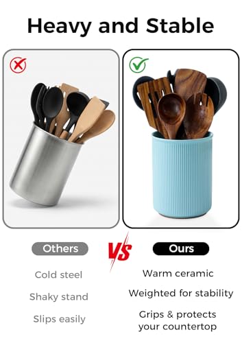 Image of LoeJan Utensil Holder, Extra Large Utensil Crock, Stable Ceramic Utensil Organizer, Cooking Tool Organizer Set for Kitchen Counter Farmhouse Decor, Turquoise
