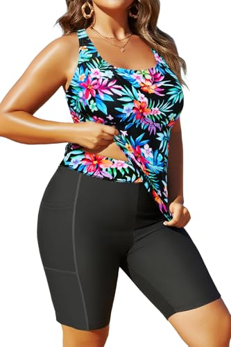 Plus Size Tankini with Shorts - Women Two Piece Bathing Suit Top Tummy Control Swimwear Bottom with Pockets2