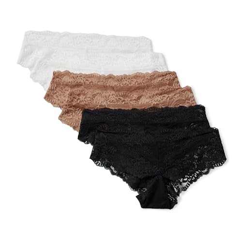 Amazon Essentials Damen Hipster aus Elastischer Galonspitze, 6er-Pack, Gewaschene Bronze/Schwarz/Weiß, 42