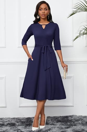 Image of CLOCOR Midi Dresses for Women Casual A-Line Fit and Flare Dress Crewneck 3 /4 Sleeve Keyhole Cocktail Party Church Dress