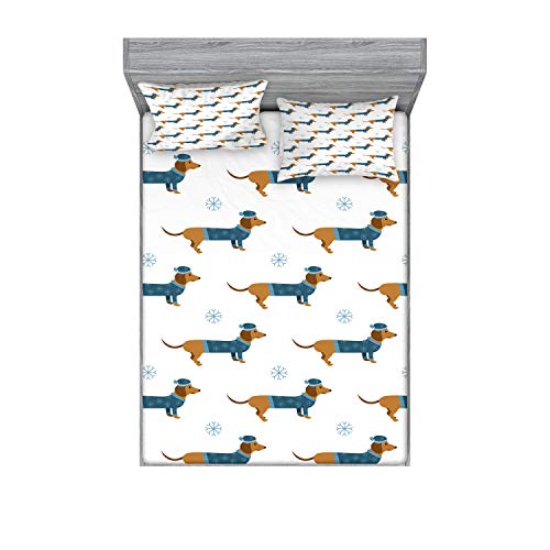 Ambesonne Dachshund Fitted Sheet & Pillow Sham Set, Winter Cartoon Sausage Dog in Pullover and Snowflakes, Decorative Printed 3 Piece Bedding Decor Set, Calking, Ginger Turquoise