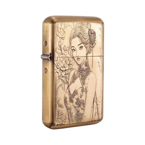 YHBNJIGW Briquet Coupe-Vent Mince en cuivre Pur rétro au kérosène, Briquet sculpté Double Face, allumage par meule, Cadeau d'affaires, adapté à la Collection/Cadeau (kérosène Non Inclus)