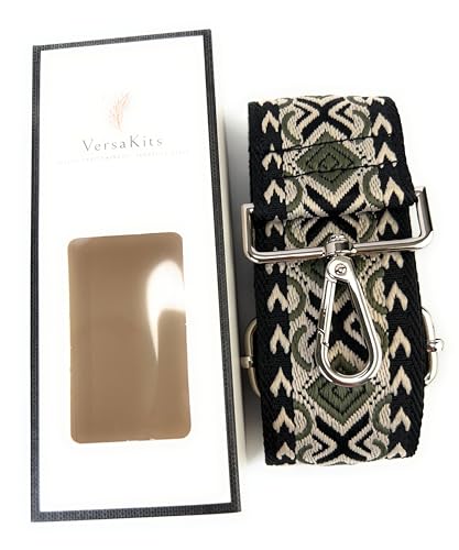 Image of Black Olive Green Boho Diamond Purse Strap with Silver Hardware 2 Inch Wide Replacement Crossbody Guitar Style Shoulder Strap for Handbags Totes