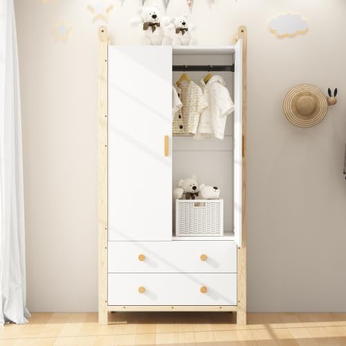 Merax 2-türiger Kleiderschrank mit Kleiderstange und Schubladen – Weißer Kleiderschrank aus Spanplatte mit Kieferrahmen, 90×45×180 cm, für Schlafzimmer, Kinderzimmer oder Flur