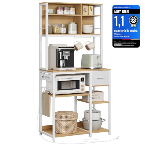 VASAGLE Estanteria Cocina con Multienchufe, Cajón de Tela, 12 Ganchos