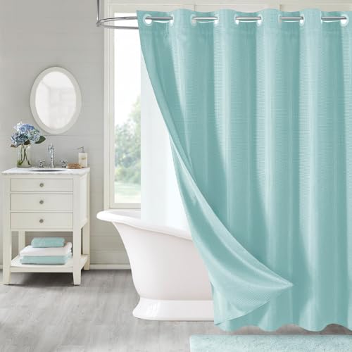 MitoVilla No Hook Weave Fabric Shower Curtain with Snap-in Liner Teal,72x80