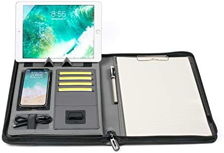 Zipped Conference Folder Business Folder Mymazn A4 Padfolio PU Leather Document Holder Portfolio with 5000 mAh Powerbank and Wireless Charging for Travel or Meeting Black with Power