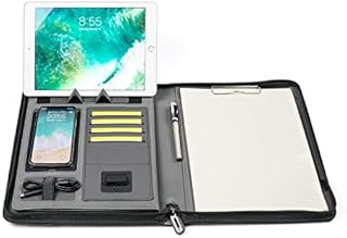 Zipped Conference Folder Business Folder Mymazn A4 Padfolio PU Leather Document Holder Portfolio with 5000 mAh Powerbank and Wireless Charging for Travel or Meeting Black with Power