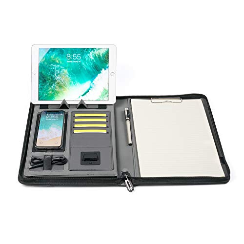 Preisvergleich Produktbild Konferenzmappe mit Reißverschluss Schreibmappe arbeitsmappe Mymazn A4 Padfolio-Dokumentenhalter aus PU-Leder mit 5000 mAh Powerbank und kabelloser Aufladung für Reisen und Besprechungen