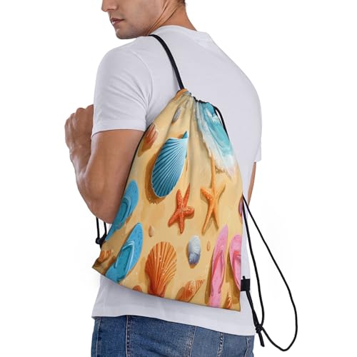 Drawstring Bag, Seashells Starfish And Flip Design Durable Water Resistant For Sport,Travel - Lightweight Sackpack3