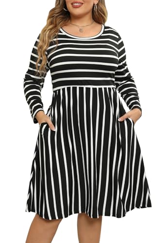 Image of Nemidor Women's Round Neck Long Sleeve Casual Plus Size Fit and Flare Midi Dress with Pocket NEM169