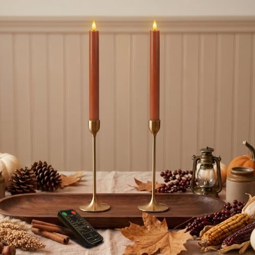 Image of Homemory 9.6 Inch Real Wax Flameless Taper Candles, Terracotta LED Candlesticks 2 Pcs with 3D Flame Remote and Timer, Battery Operated for Thanksgiving Mother's Day Teacher Appreciation Gifts