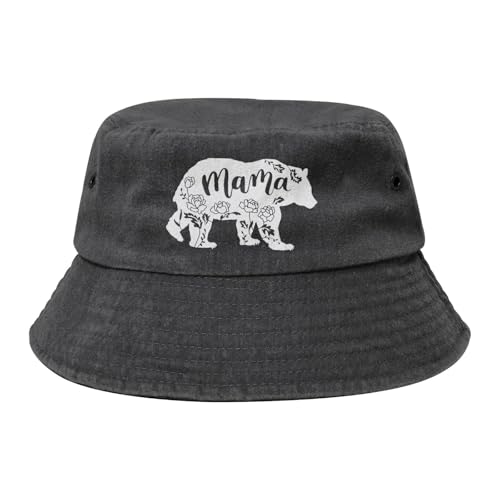 Floral Mama Bear Bucket Hat Cotton Sun Hat Summer Beach Hat Black