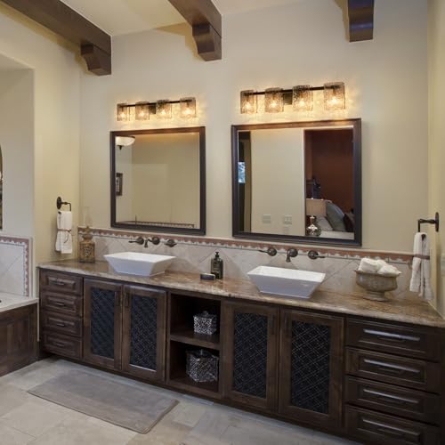 Image of EDISLIVE Vintage Bathroom Vanity Light Black 4-Light Bath Wall Light Fixture with Ripple Block Shades Glass 32.9 inch E12 Antique Wall Sconce for Bedroom Hallway Living Room Vanity Mirror