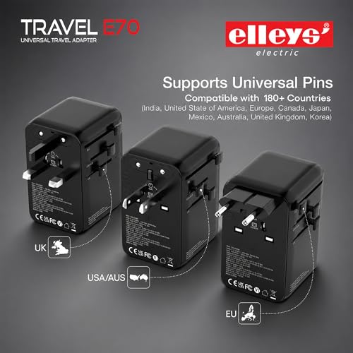 Image of Elleys 70W Travel Adapter with Retractable Cable | Universal Travel Adapter | Dual USB Ports, Multi-Plug Charger with GaN Fast Charging | Worldwide Compatibility for US, UK, Canada, Europe (1Pcs)