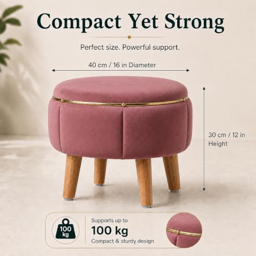 Image of Velvet Upholstered Round Ottoman Footstool | Anti-Slip Feet | Multipurpose Footrest, Step Stool & Vanity Seating & Decor | 40 x 30 cm (16 x 12 Inch) | Gajri