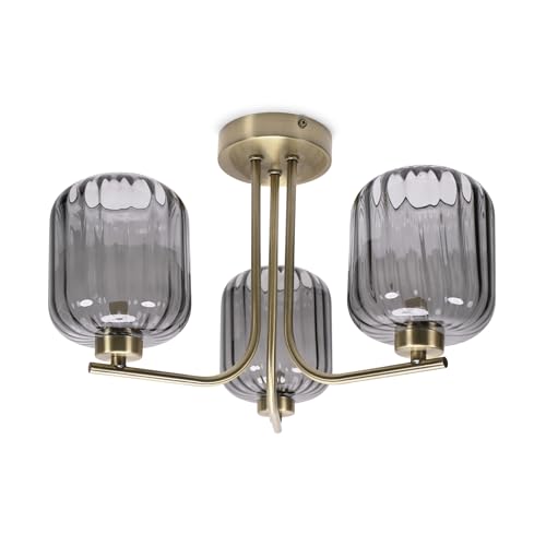ValueLights | Gold 3 Way Ceiling Light Fitting with Smoked Ribbed Glass Shades | Pendant Lights, Home Décor & Improvement Essential | Includes Bulb | Mains Wired