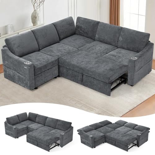 Lesofair 84" Chenille Modular Sofa Bed w/Adjustable Backrests, Grey