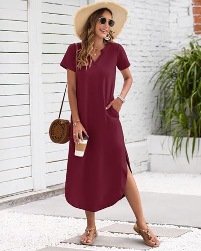 Image of MISFAY Women's Summer Maxi Dress 2026 Casual Short Sleeves V Neck Loose Sundress Split Long Beach T Shirt Dress